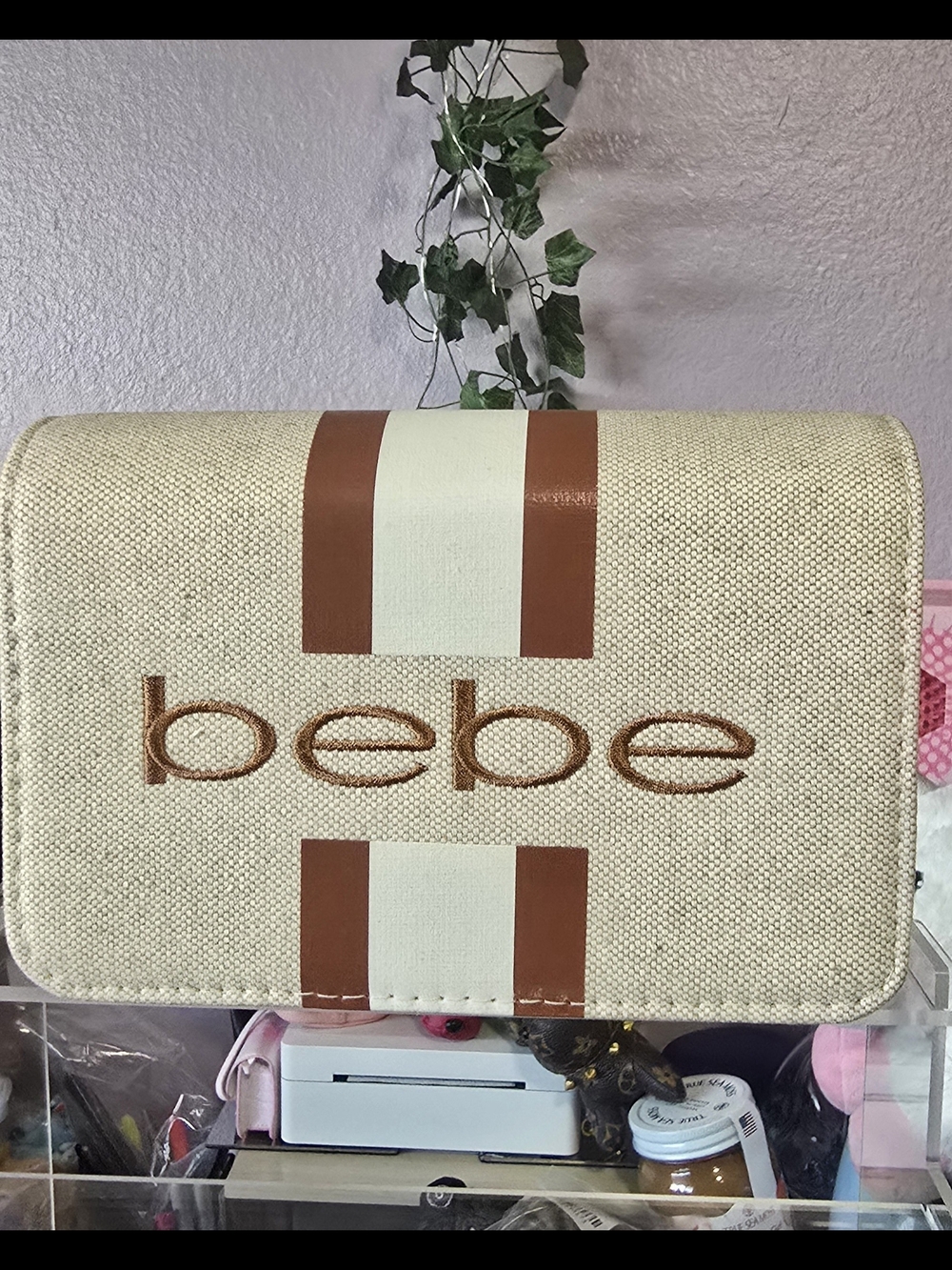 bebe Beige Canvas Crossbody Bag with Brown Accents